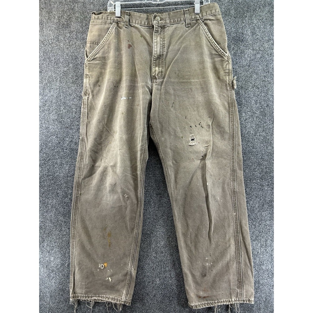 Carhartt Men Pants 36x31 Brown Leather Patch Relaxed Rugged Thrashed Distressed